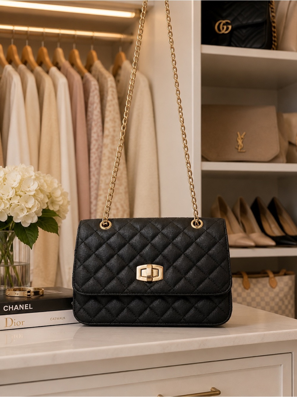 Black Quilted Chain Shoulder Bag with Gold Hardware